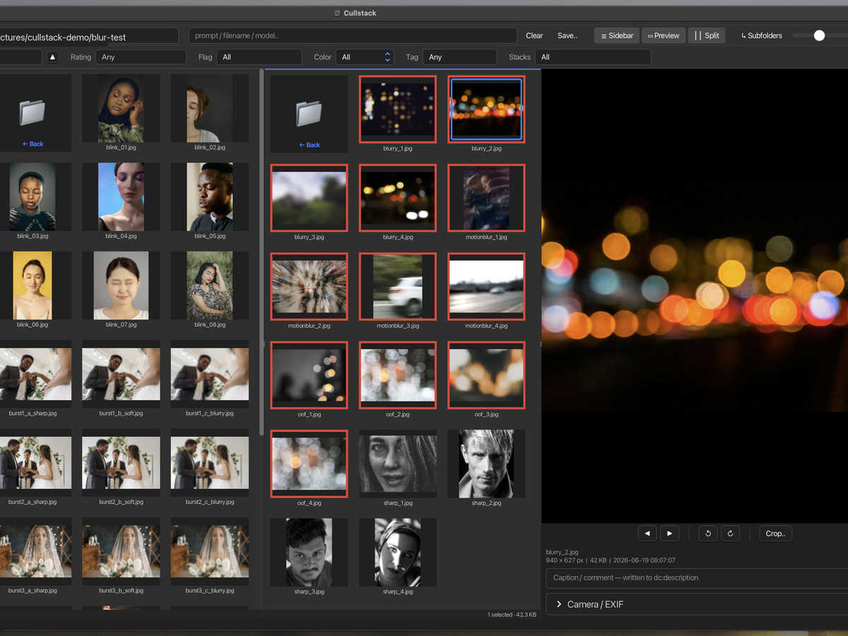 Cullstack thumbnail grid of a large wedding shoot with AI flags marking closed-eye frames