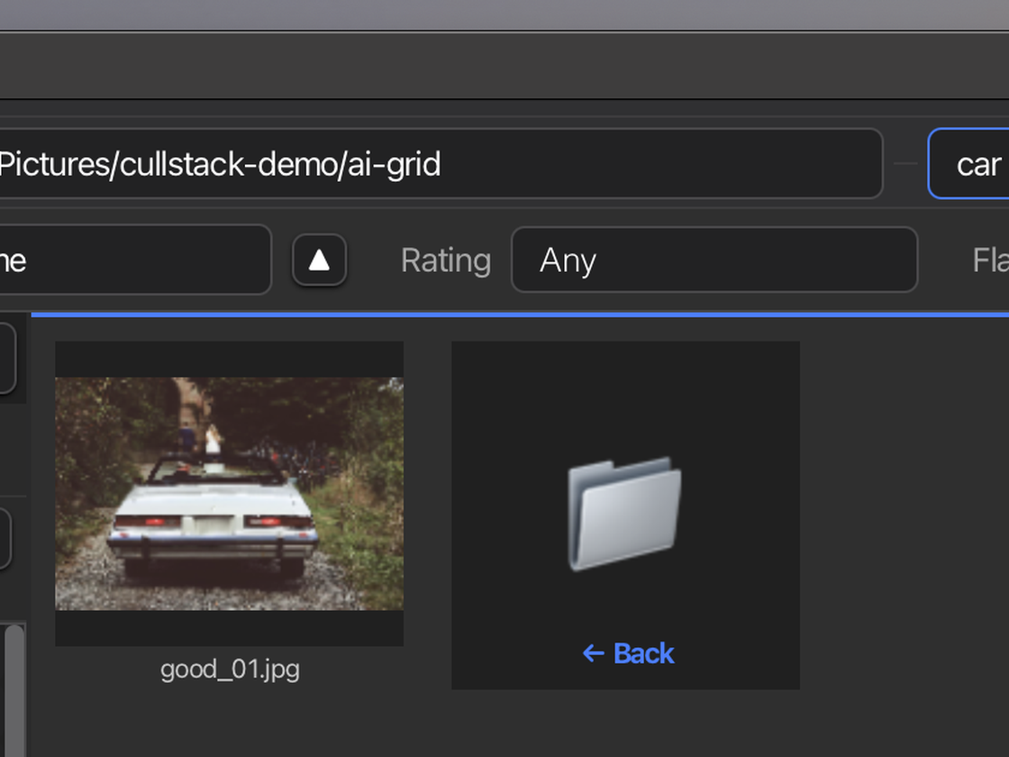 Cullstack semantic search — typing 'car' surfaces the matching photo from the shoot